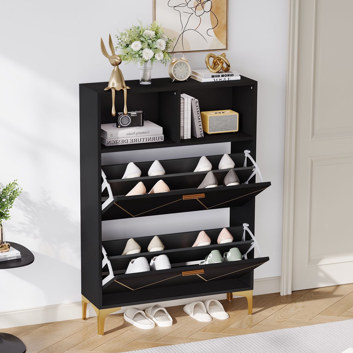 Schoenenkast - 80x25x117 cm - Met 2 Kleppen Open Vakken En Metalen Poten - MDF Metaal - Wit (8901660931838)