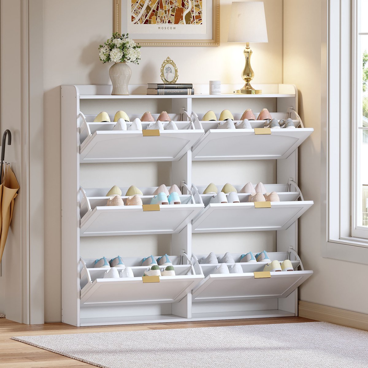 Schoenenkast - B120xD23xH118 - Ruimtebesparend 6 Klapvakken Hoogkast - Voor Dielen Of Garderobe - Hout - Wit (8901660930053)