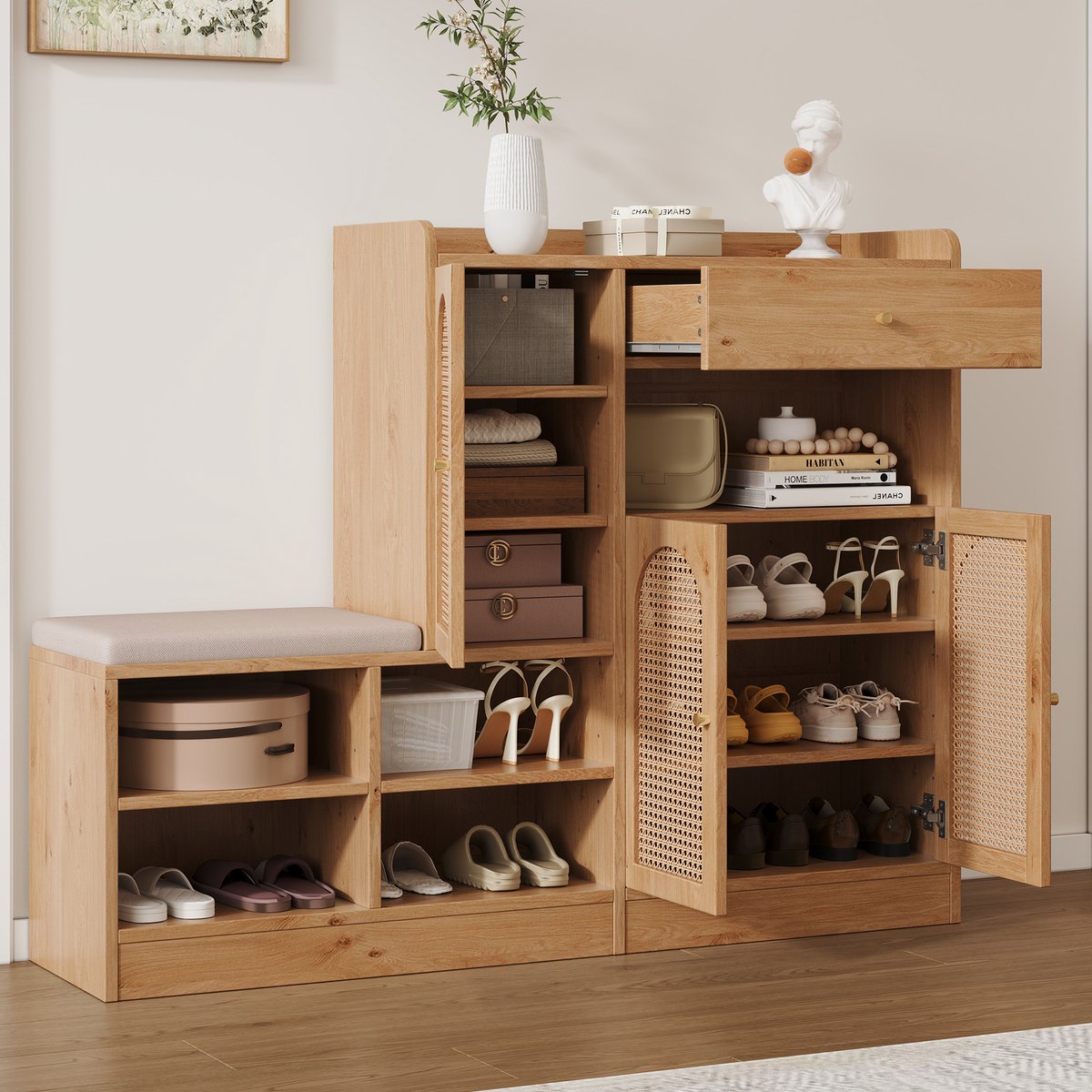 Schoenenkast - B142xD35xH110 - Met Gevuld Zitbank 3 Rattan Deuren 1 Lade - Multifunctioneel - Hout - Naturel (8901660929996)