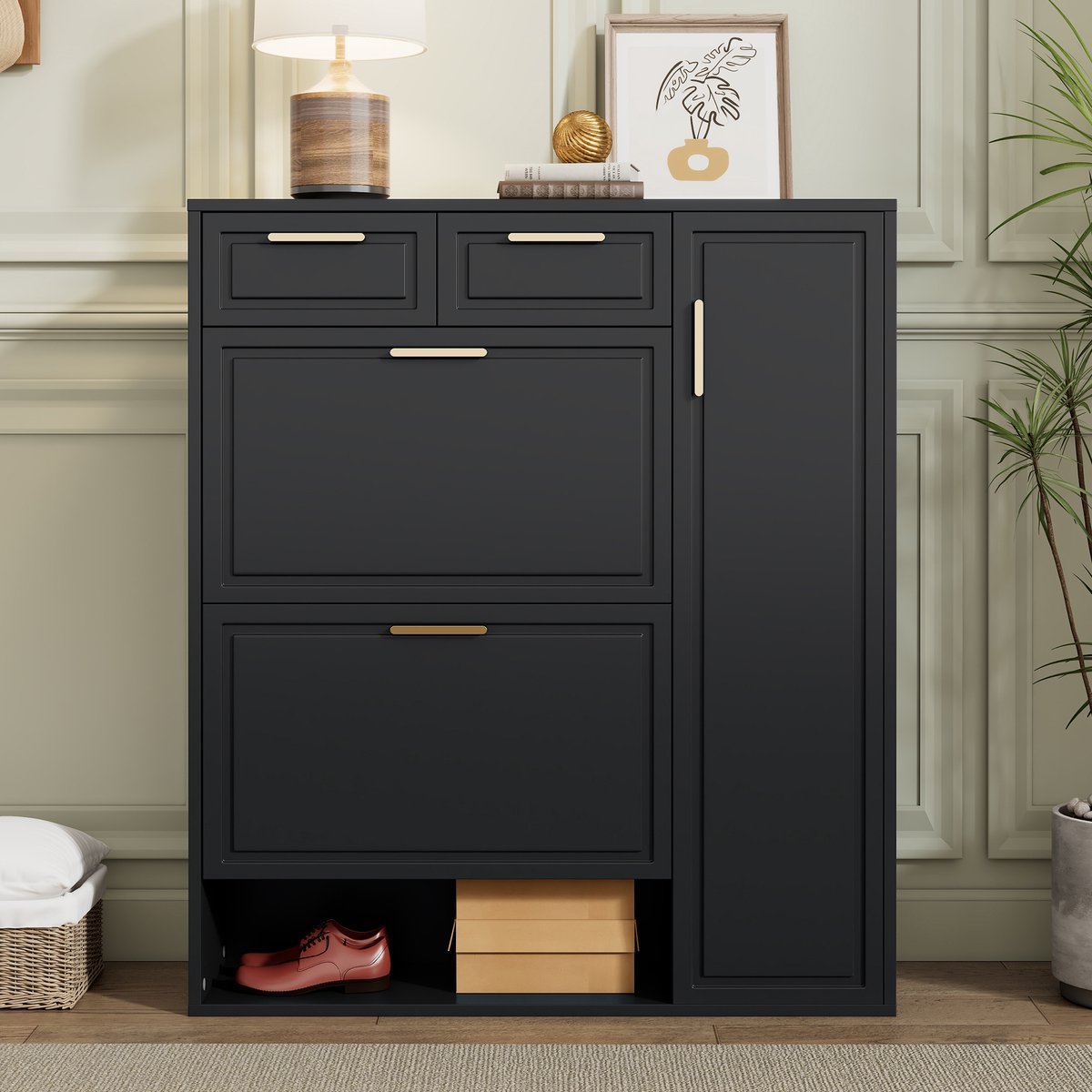 Schoenenkast - B95xD24xH107 - Modern Met Verstelbare Planken En Laden - Klapdeuren En LED - Hout - Zwart (8901660929910)