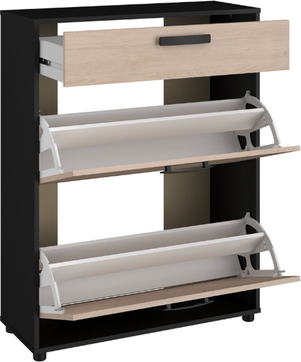 Schoenenkast Celestia met twee deuren en opberglade - eikdecor/zwart - Parisot - Schoenenkast - Bruin; Zwart - Melamine; Spaanplaat (3480940298274)