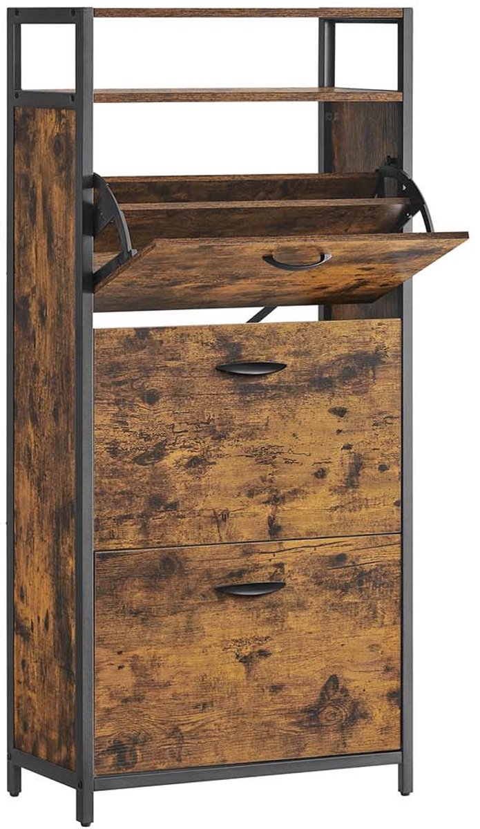 Schoenenkast - Hout - Rustiek bruin en zwart - Verstelbare en verwijderbare tussenschotten, biedt plaats aan 15-18 paar schoenen (6153221122199)