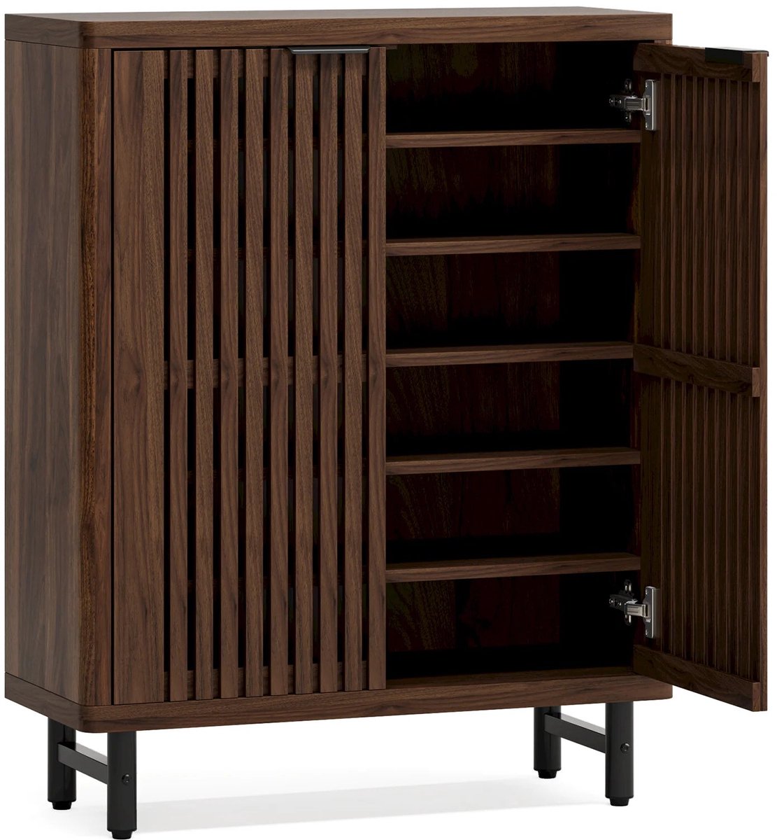 Schoenenkast - Houten Schoenenkast - Schoenen Opberger - Schoenenrek - Ventilerende Lamellendeuren - Verstelbare Planken - MDF Metalen Poten - 85 x 35 x 110 cm - Donkere Walnoot (8721391027521)