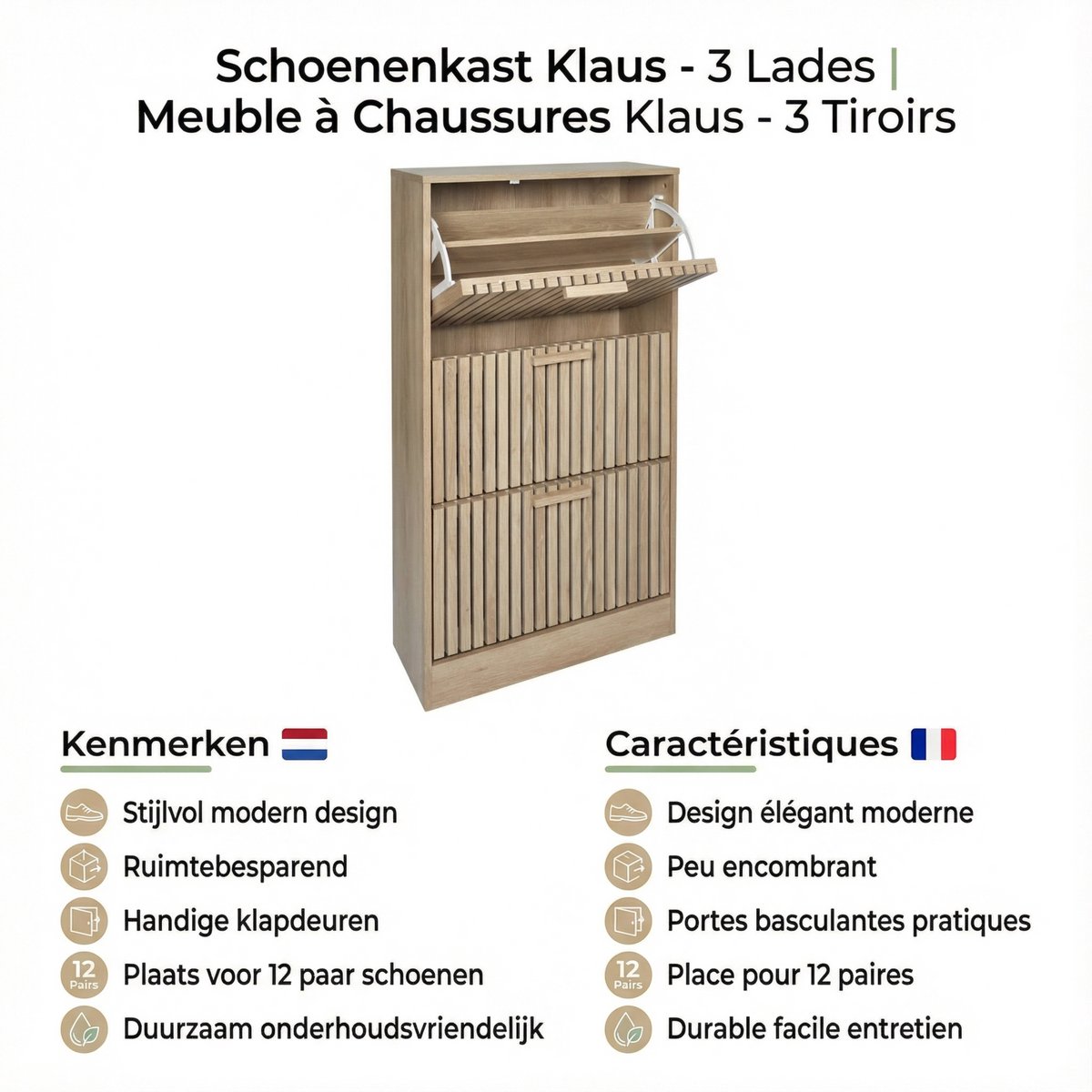 Schoenenkast Klaus 3 lades 24x60x113 cm - voor 12-18 paar - Bruin (8720572206786)