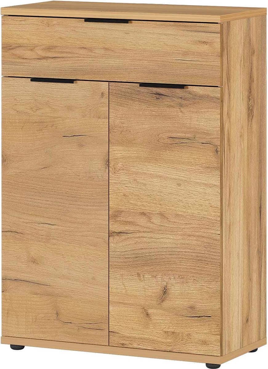 Schoenenkast Leonard Eiken - 16 paar schoenen - Breedte 75 cm - Hoogte 108 cm - Diepte 37 cm - Met lades - Met openslaande deuren (6097130541545)