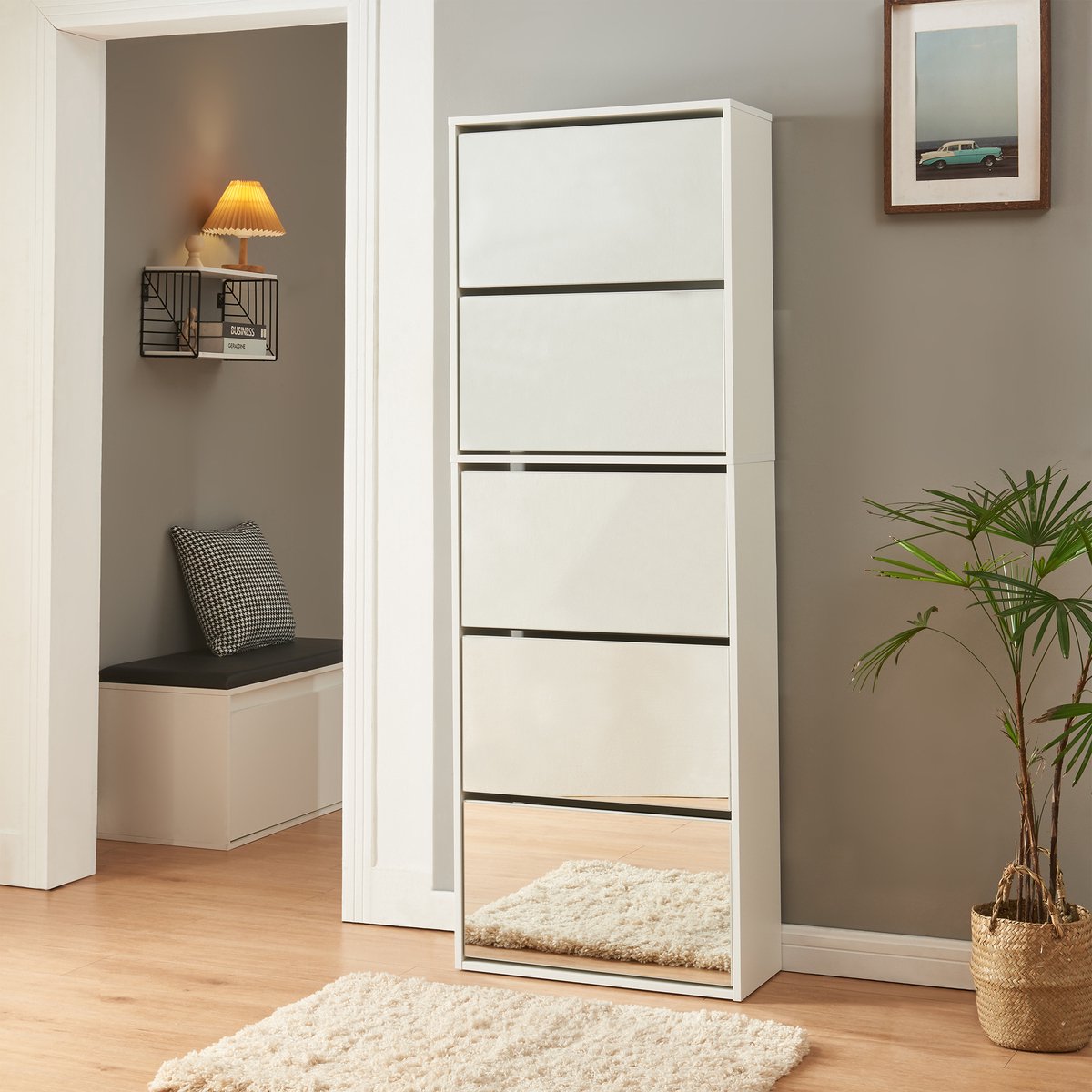 Schoenenkast Lund met 5 kleppen spiegeldeuren wit 169x60x24 cm [en.casa] (4059438949005)