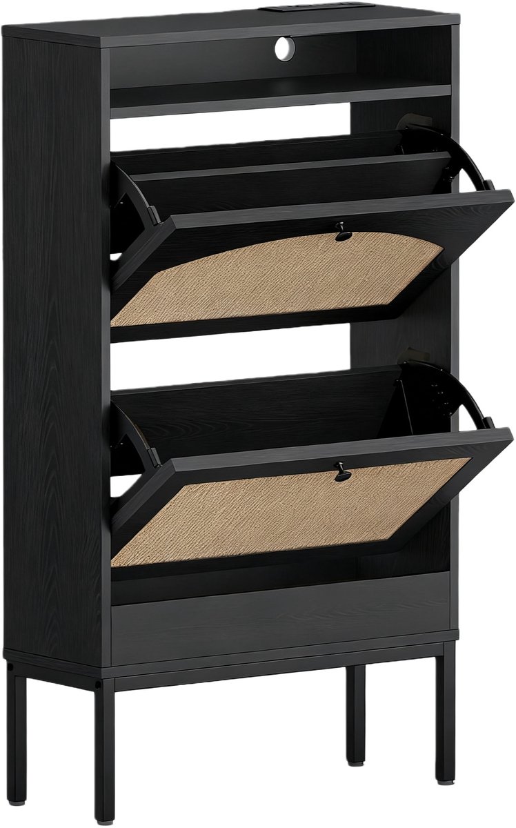 Schoenenkast Met Oplaadfunctie 59x22.5x103.5 cm Zwart Modern Compact Duurzaam Hal Woonkamer (4255890963195)