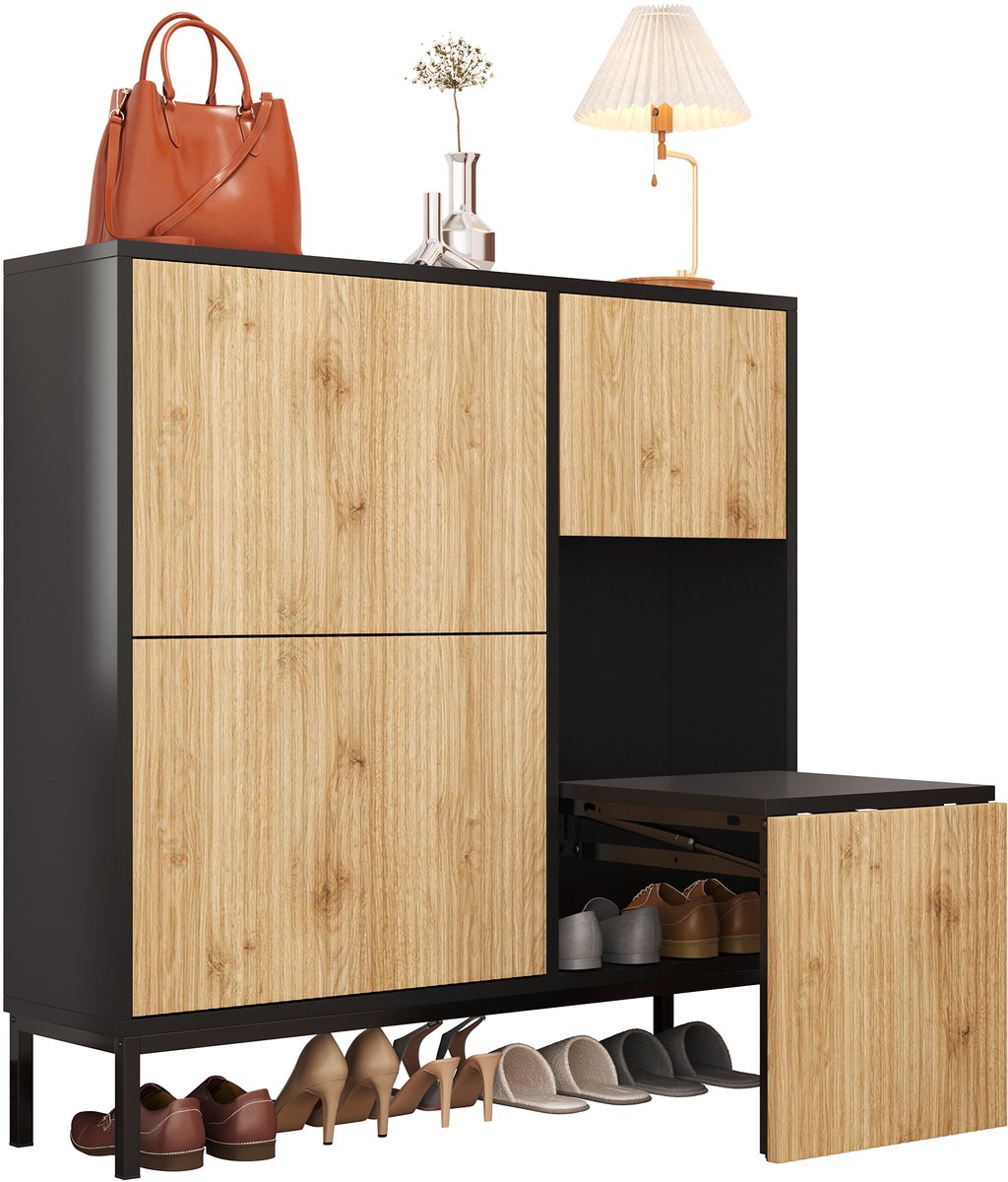 Schoenenkast - Met Schoenbank - 3 Kleppen Met Open Opbergruimte - MDF - Wit (8901660931807)