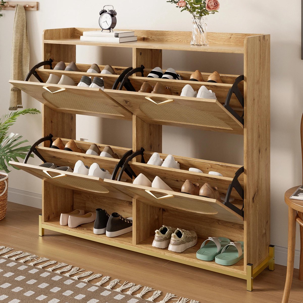 Schoenenkast - Opberger - Hout - Rotan deuren - Metaal frame - 4 deuren - Bovenste plank - Geschikt voor meerdere paren - Natural houten schoenenkast met uniek design (8739000004924)