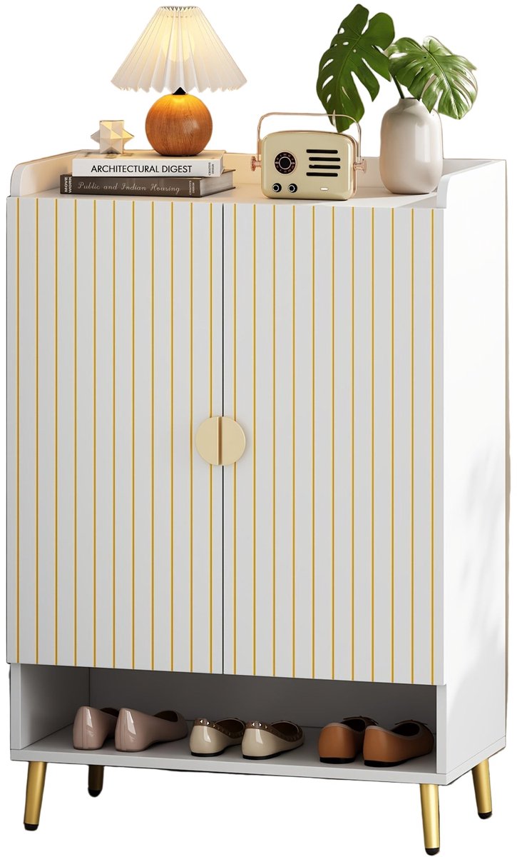 Schoenenkast - Schoenkast - Schoenenrek - Schoenenopberger - Schoenenkast Hal - Wit Bamboe - Dubbele Deuren - 3-Lagen - 20kg Draagkracht - Vrijstaand - Ruimtebesparend - 75x35x110 cm (8721391171279)