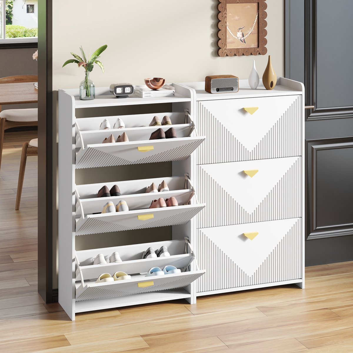 Schoenenkast Set - 140x30x120 cm - 6 Klapdeuren - Verstelbare Breedte - MDF - Wit (8901660931975)