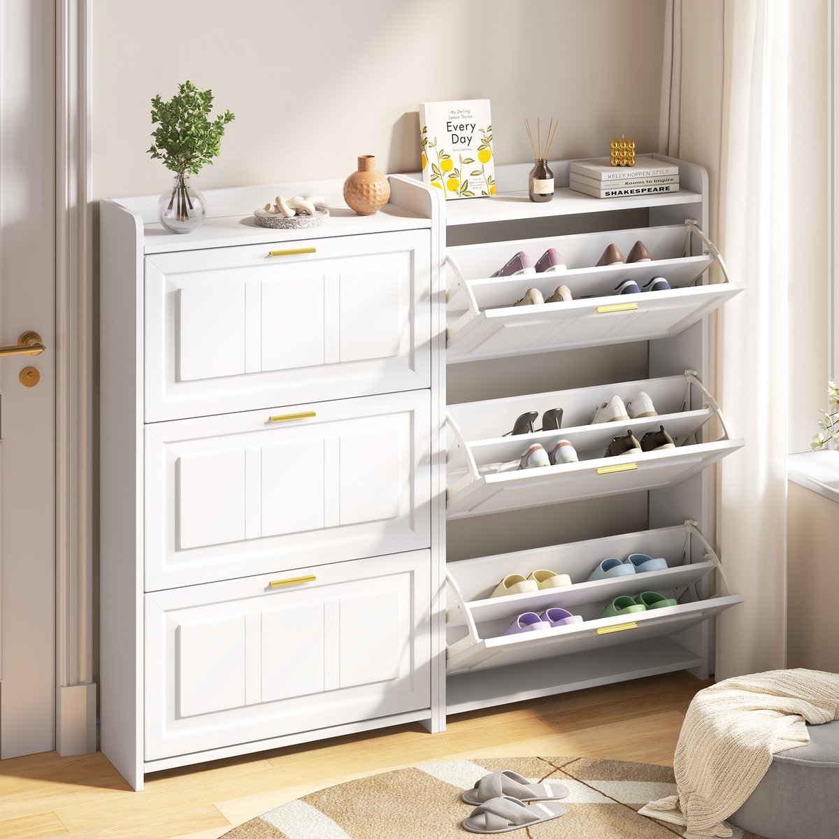 Schoenenkast Set - 70x24x120 cm - 6 Vakken - Ruimtebesparend - MDF/Spaanplaat - Wit (8901660932071)