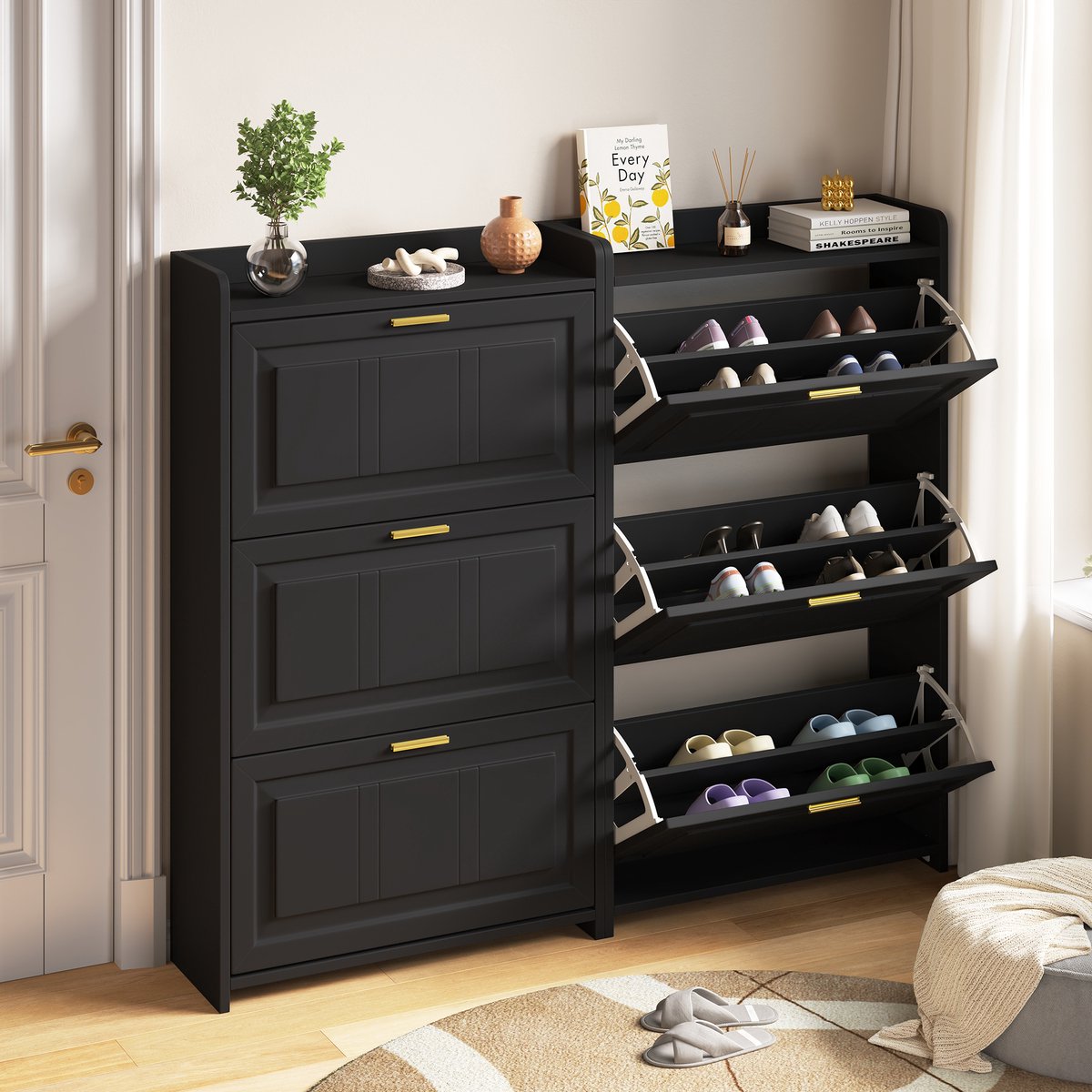 Schoenenkast Set - 70x24x120 cm - 6 Vakken - Ruimtebesparend - MDF/Spaanplaat - Zwart (8901660932057)