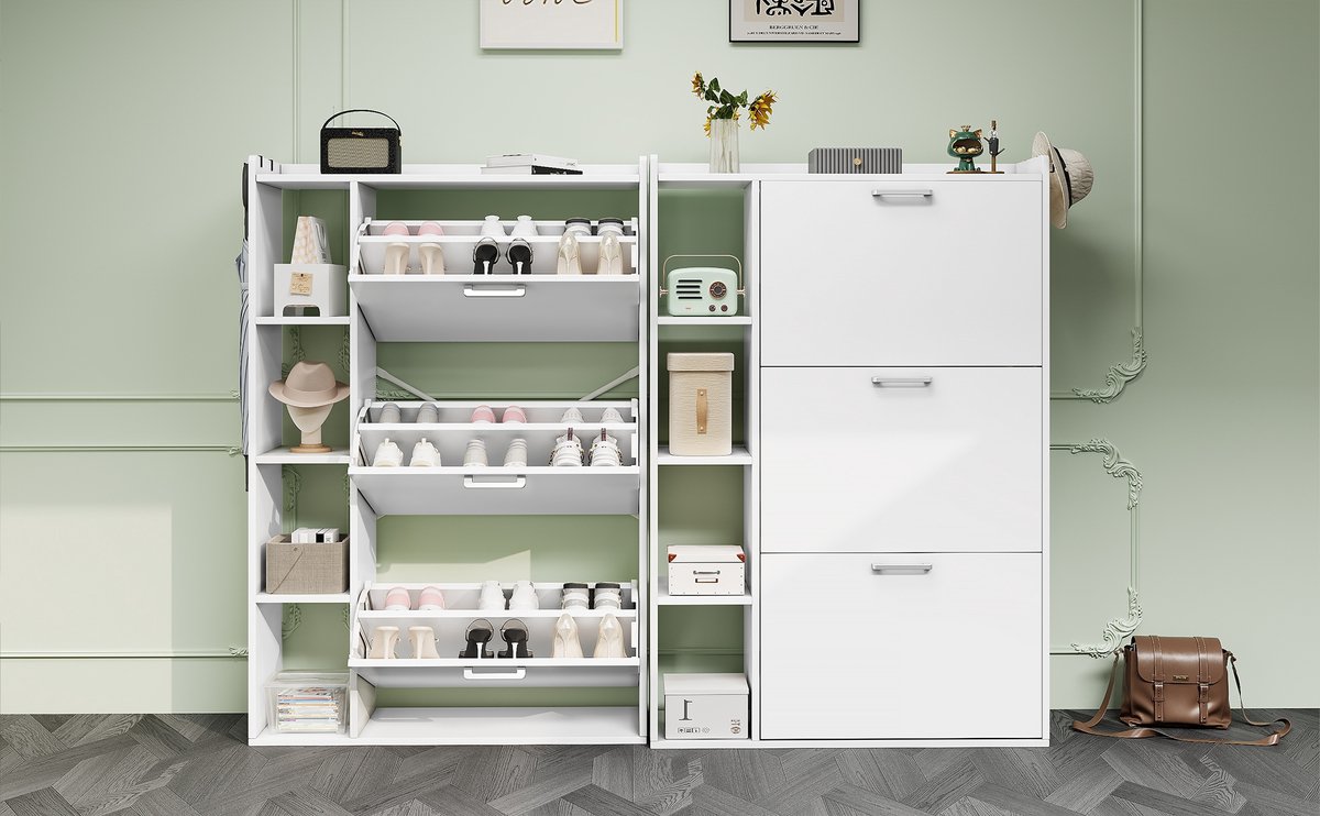 Schoenenkast - Smalle schoenenkast met drie deuren - Houten schoenenkast - Anti-kantel schoenenrek - Ruimtebesparend - Geschikt voor de hal - Witte schoenenkast (1245460521255)