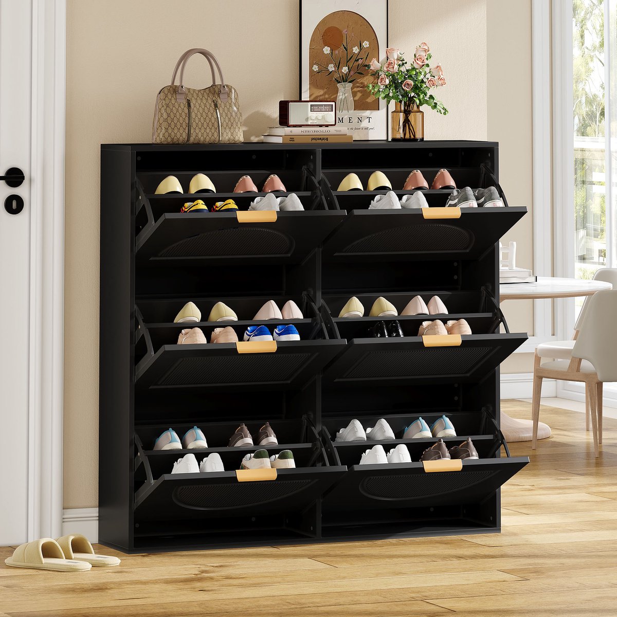 Schoenenkast Vrijstaand - 118x25x115 cm - 6 Kleppen Met Open Vakken - Voor Hal - Zwart (8901660927626)