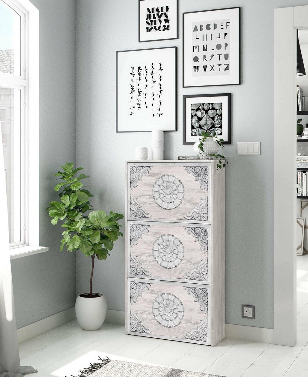 Schoenenkast Wit met 3 Kleppen en Griekse Patronen - Compacte Ophangschoenenopberger (9101057539343)