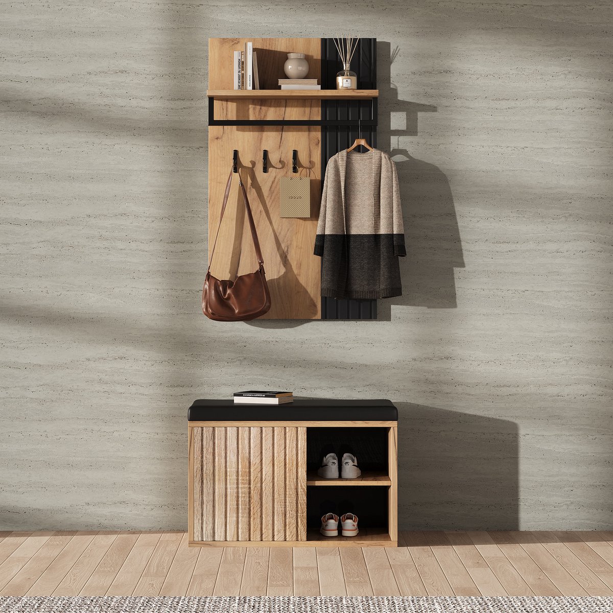 Schoenenkast - gangmeubilair - dubbele schoenenkast - met achterwand - met 8 haken - zwart en houtkleur - 70x36x146 cm (5063371481859)