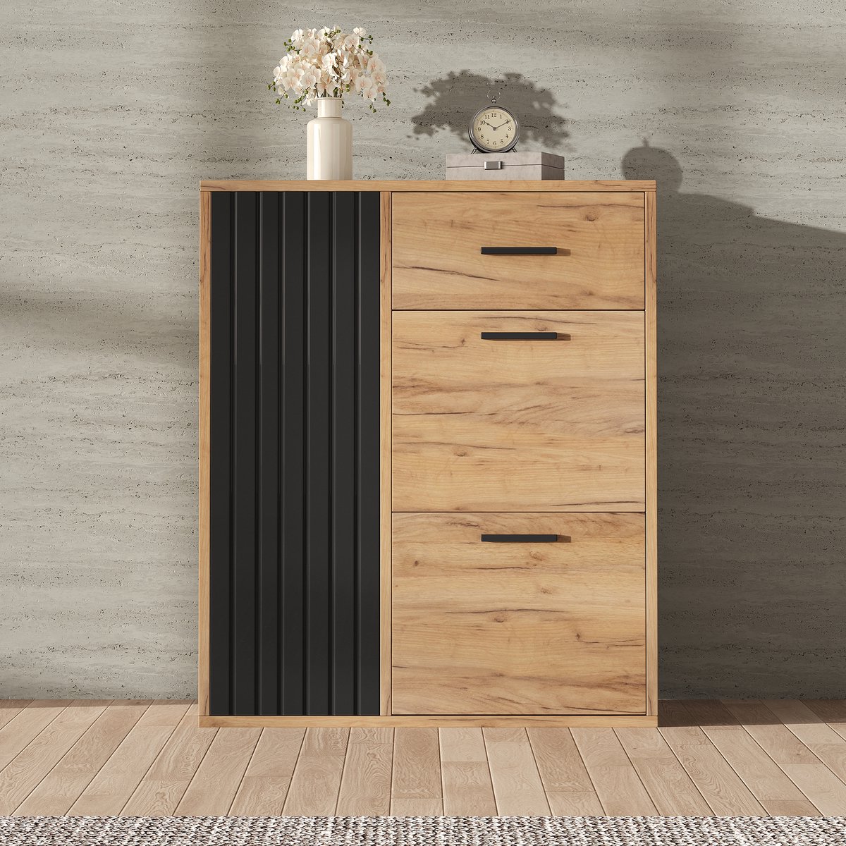 Schoenenkast - kast met verstelbare planken - 1 lade - 2 klapdeurtjes voor schoenen en 1 deur - zwart met houtkleur - 80x24x95 -5 cm (5063371481842)