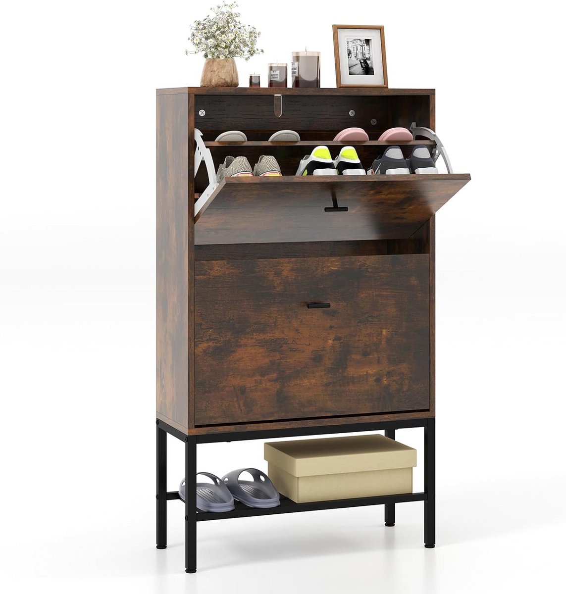 Schoenenkast met 2 Klepdeuren en 4 Legplanken - Compacte Schoenenopberger Rustiek Bruin (9101075676730)