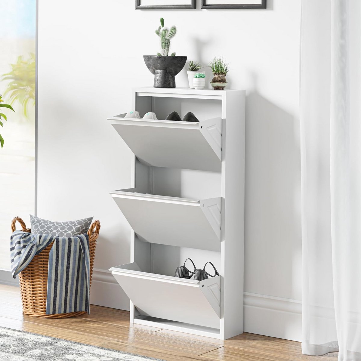 Schoenenkast met 2 Kleppen - Metalen Opbergkast voor Schoenen in Wit 71x50x15 cm (9101018817282)