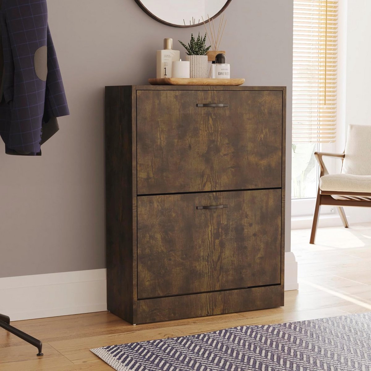 Schoenenkast met 2 Lades - Donker Hout - Stijlvolle Schoenopslag (9101018593322)