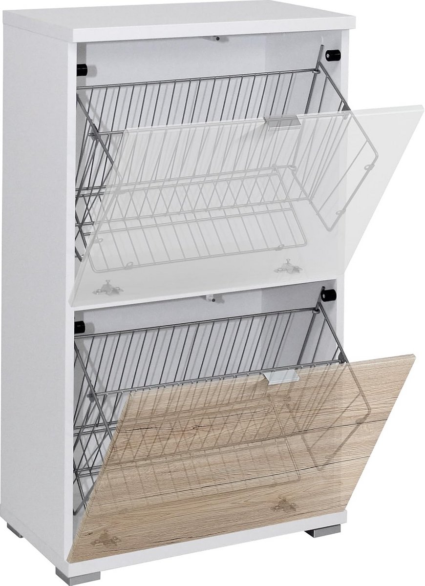 Schoenenkast met 2 Metalen Manden - Wit - Compacte Opbergkast voor Hal of Gang (9101074754798)