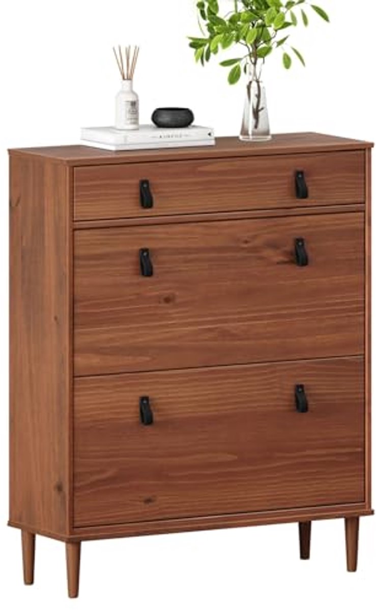 Schoenenkast met 2 kleppen en 1 lade - Kastanjekleurige smalle schoenenopslag voor hal (6154021259283)