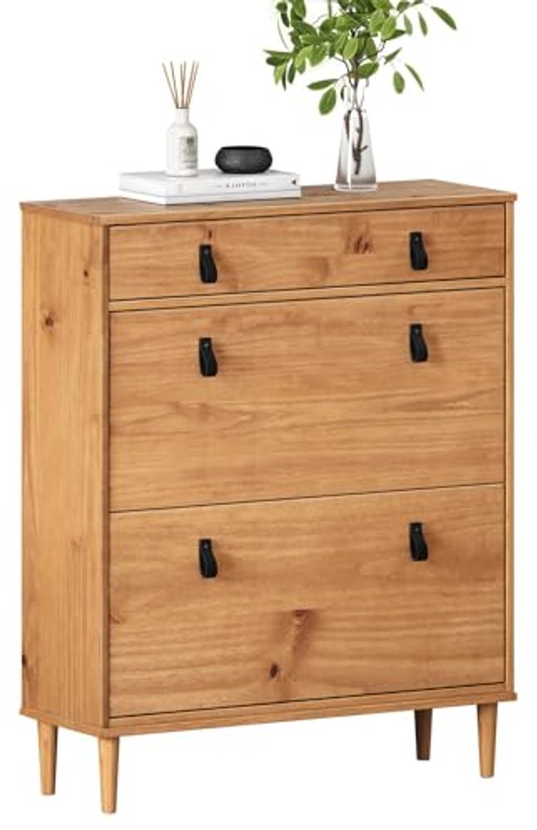 Schoenenkast met 2 kleppen en 1 lade - Ruimtebesparende schoenenopslag voor smalle ruimtes - Stijlvolle handgrepen en massief hout (6153953292269)
