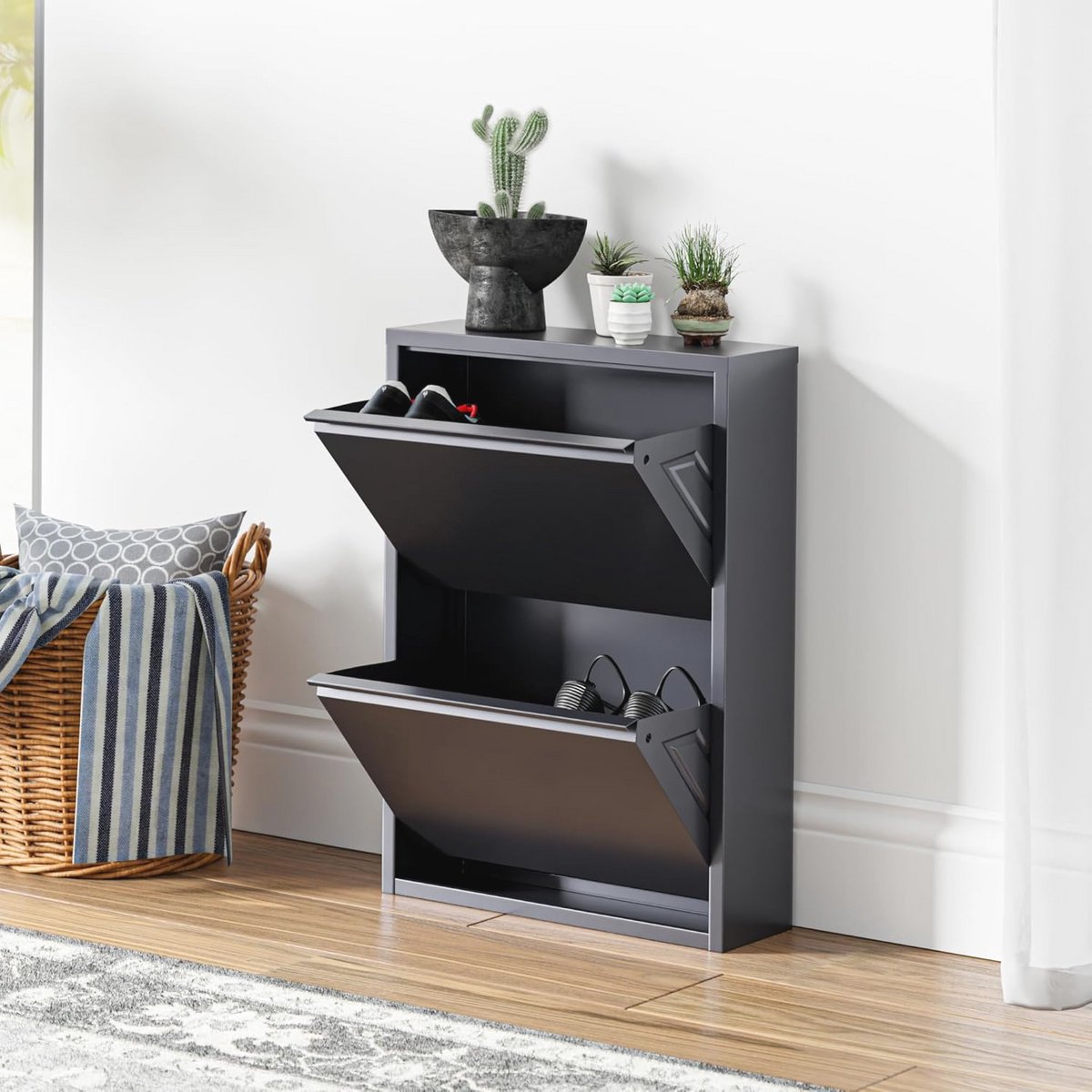 Schoenenkast met 2 kleppen voor maximaal 4 paar schoenen - Grijze metalen kast met bovenblad (9101042580787)