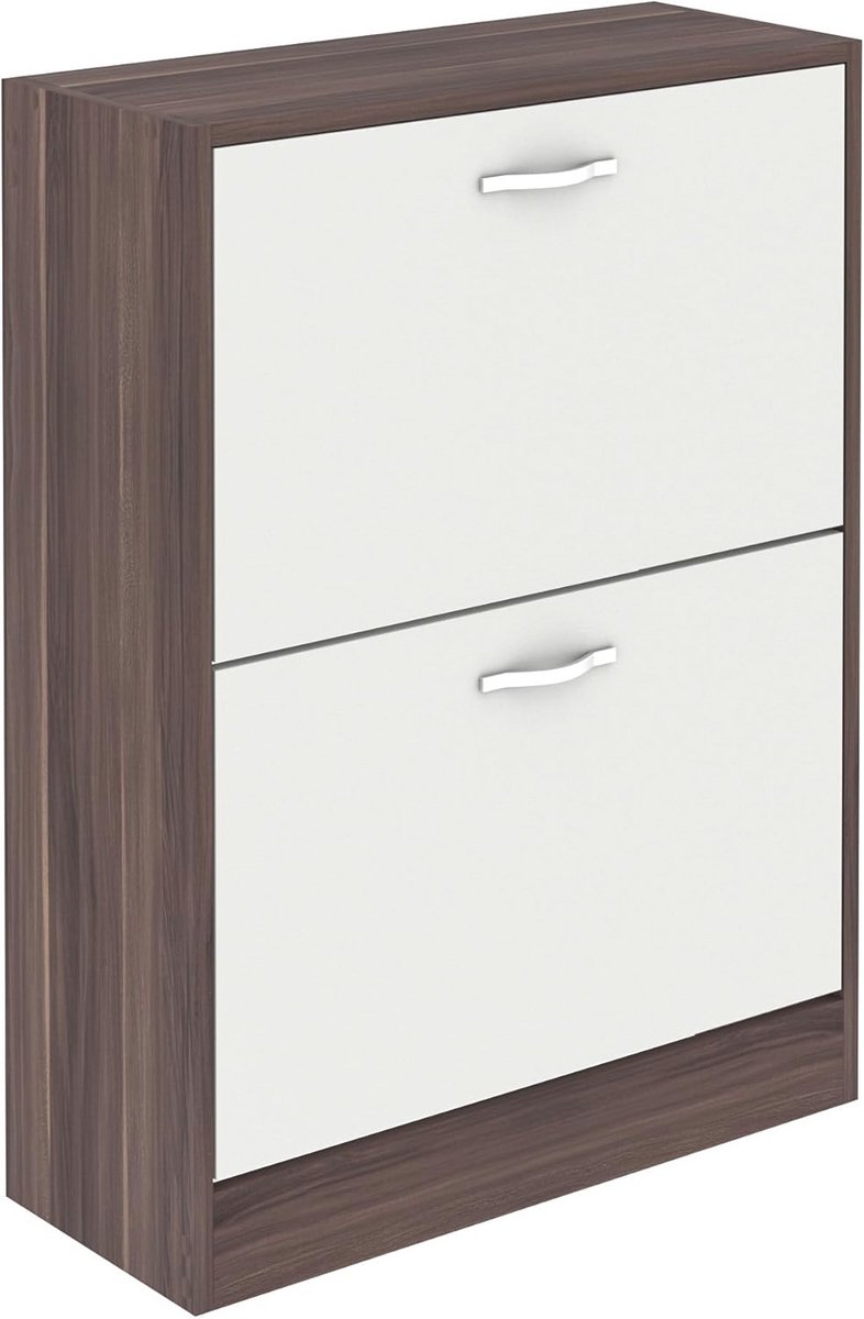 Schoenenkast met 2 laden - Moderne Houten Organizer voor Schoenen in Walnoot en Wit (9101018595500)