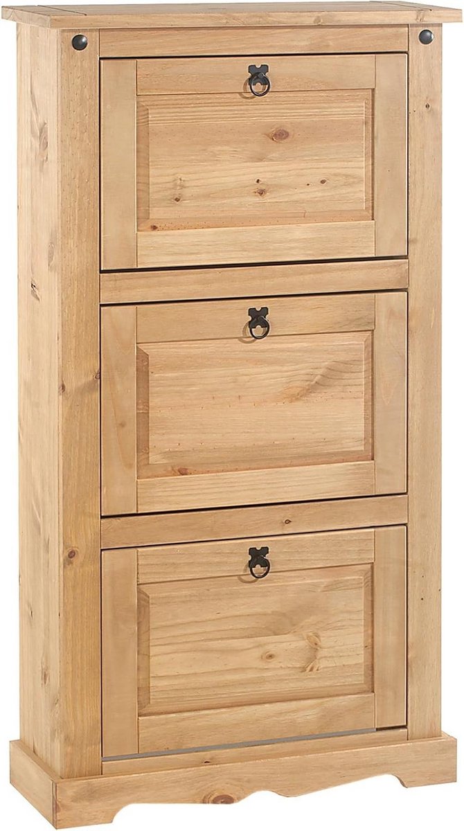 Schoenenkast met 3 deuren, massief grenenhout, smalle opbergkast (9101033063275)