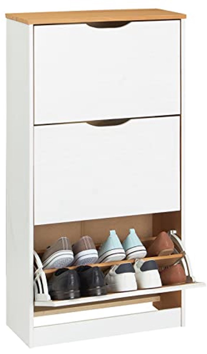 Schoenenkast met 3 kleppen in wit/bruin voor maximaal 18 paar schoenen (6154010660632)