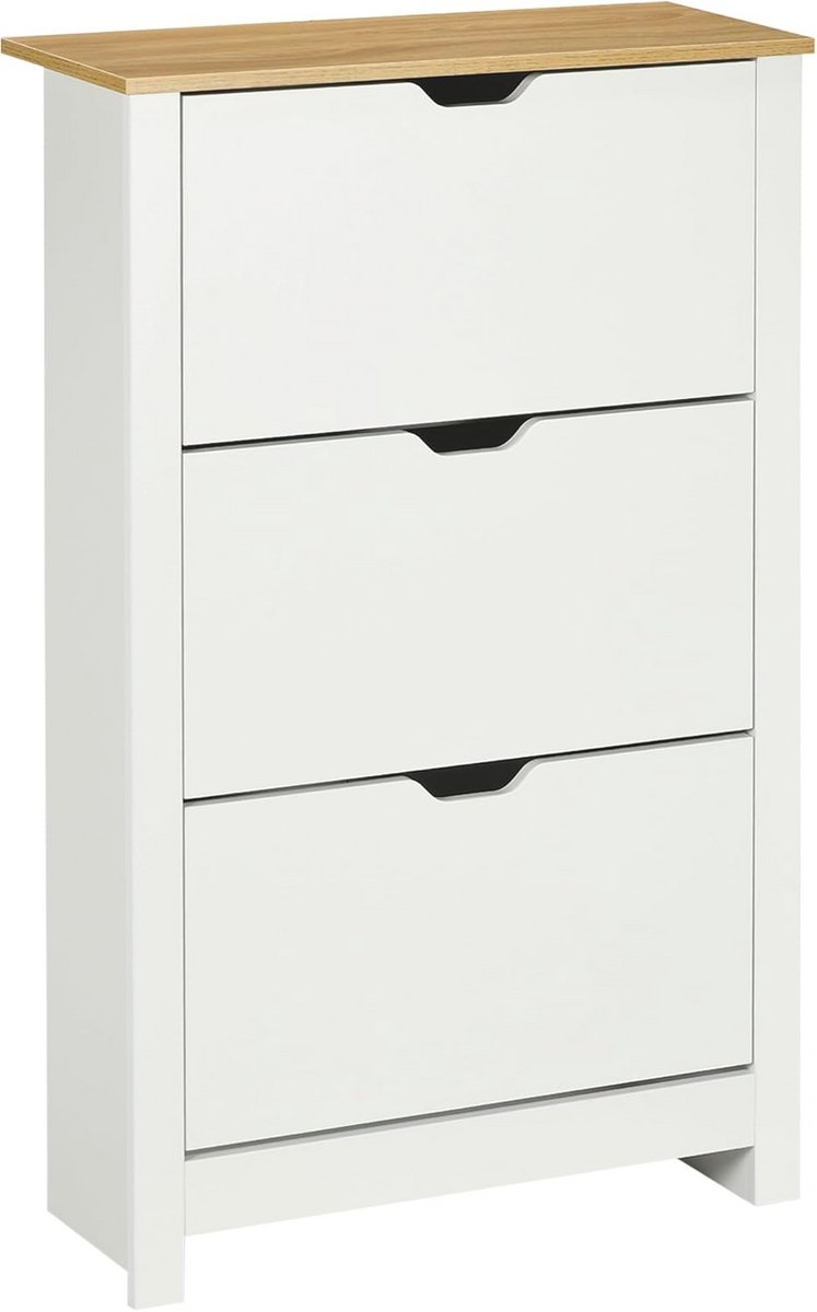 Schoenenkast met 3 kleppen voor 18 paar schoenen - Ruimtebesparende schoenenstandaard voor hal en entree - Wit en Natuurlijk - 72 x 26 x 112 cm (9101039729199)