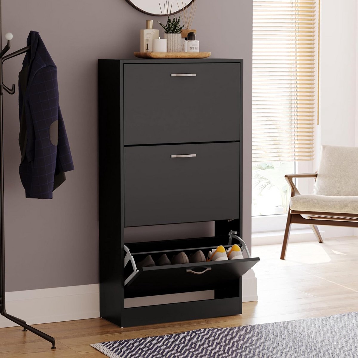 Schoenenkast met 3 uittrekbare laden - Houten schoenenorganizer voor de gang (9101026746673)