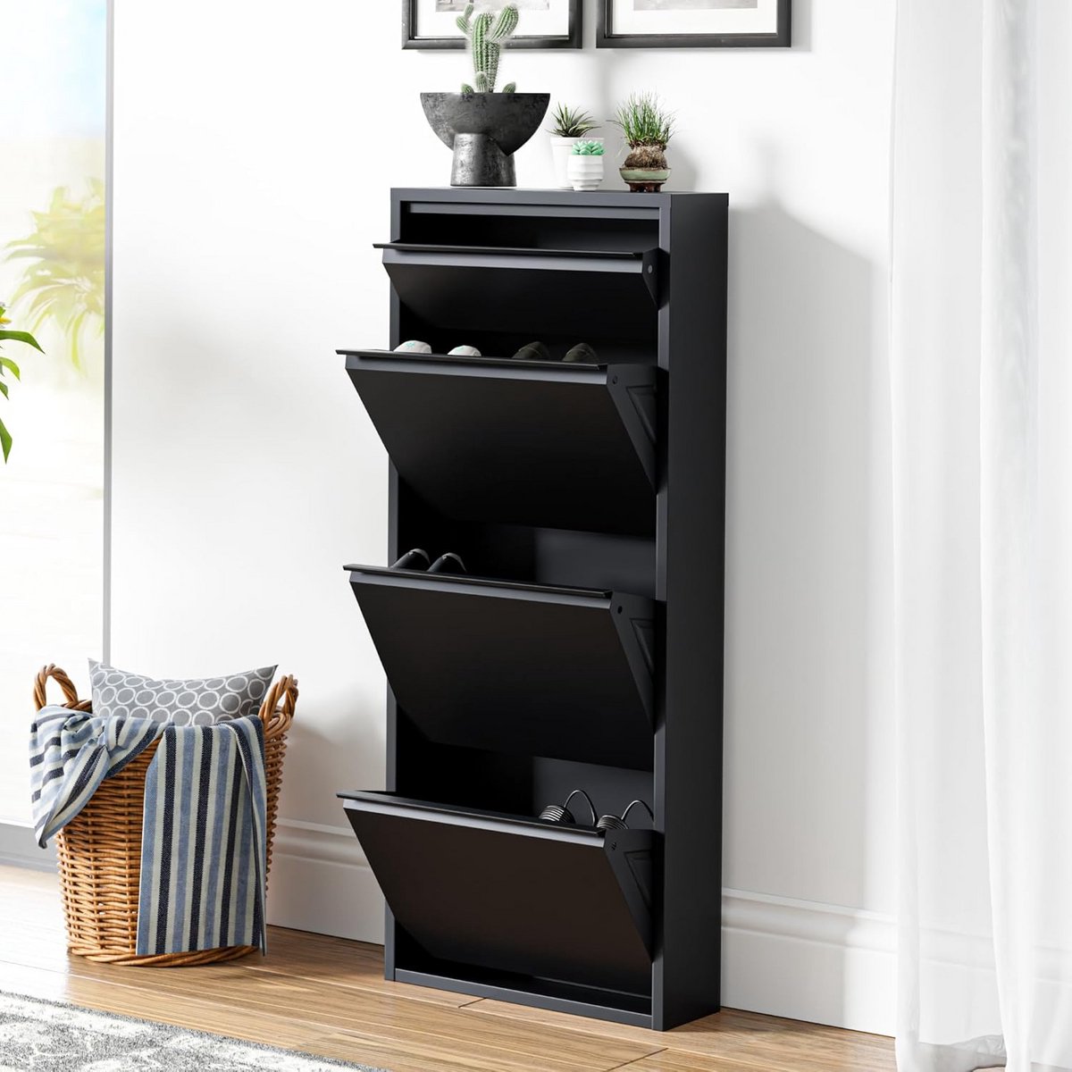 Schoenenkast met 4 Kleppen en Bovenblad - Ruimte voor 6 Paar Schoenen - Zwart en Metaal (9101039829578)