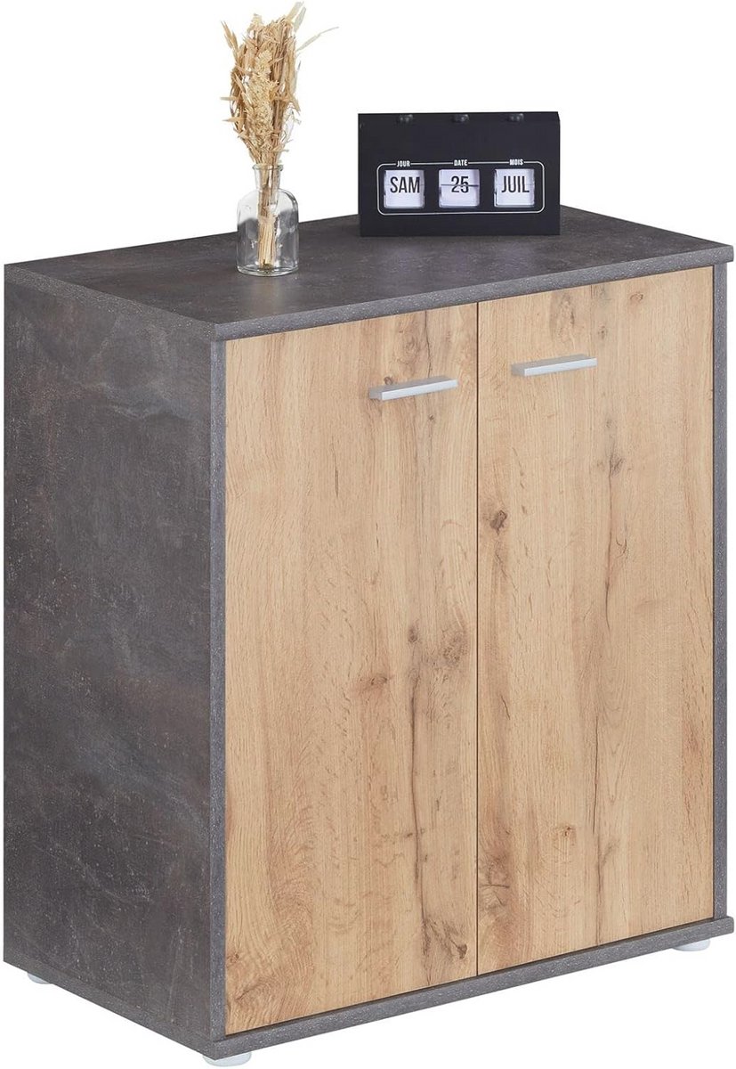 Schoenenkast met 4 planken en 2 deuren in donker beton/Wotan eiken (9101039934128)