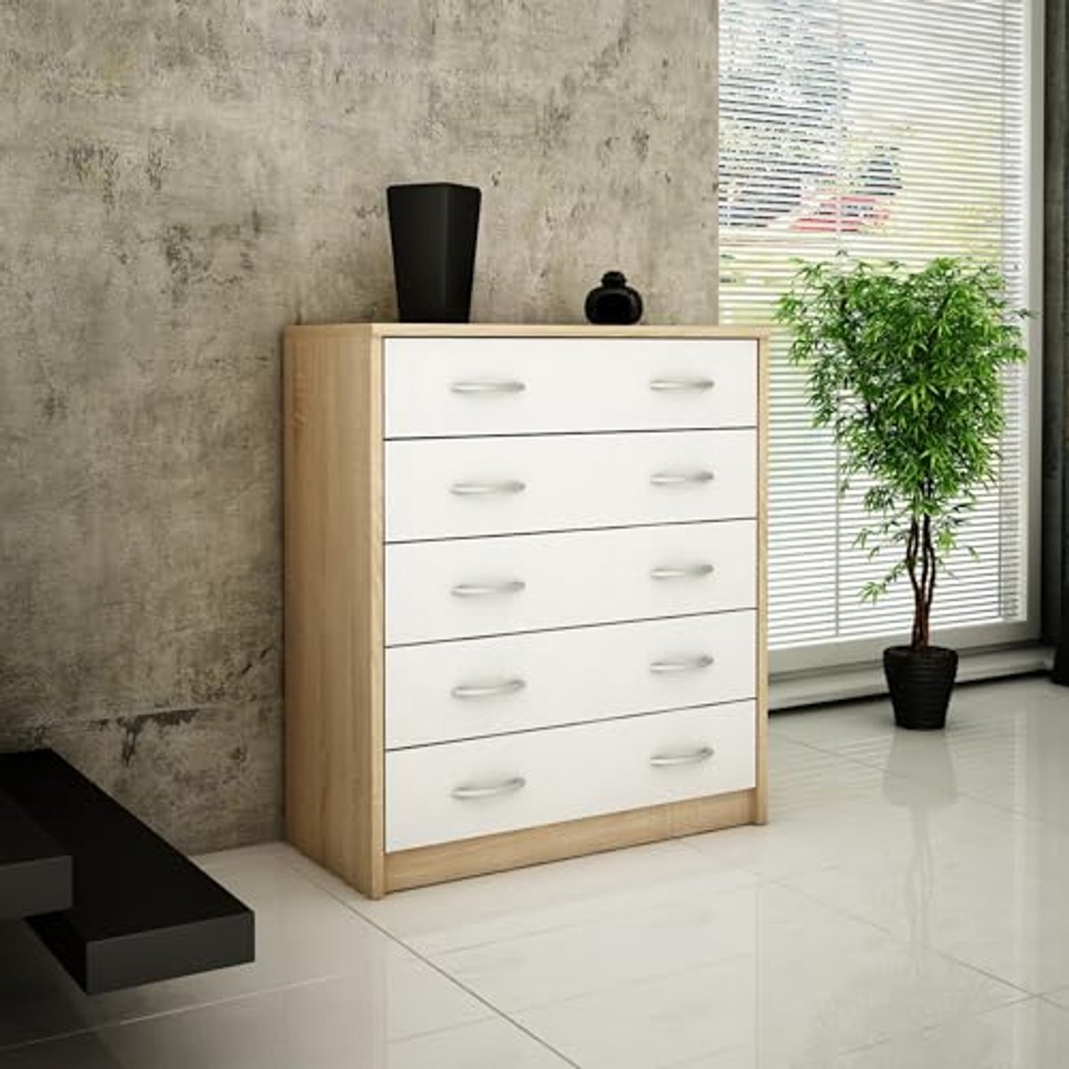 Schoenenkast met 5 Opklapbare Lades - Ruimtebesparende Schoenenopslag, 74 cm Breed, Sonoma Wit (6153945171121)