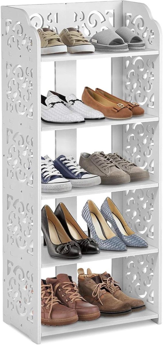 Schoenenkast met 5 Witte Planken voor Schoenen, Boeken en CD's - Entree Schoenenrek met Geperforeerd Ontwerp (6153105489448)