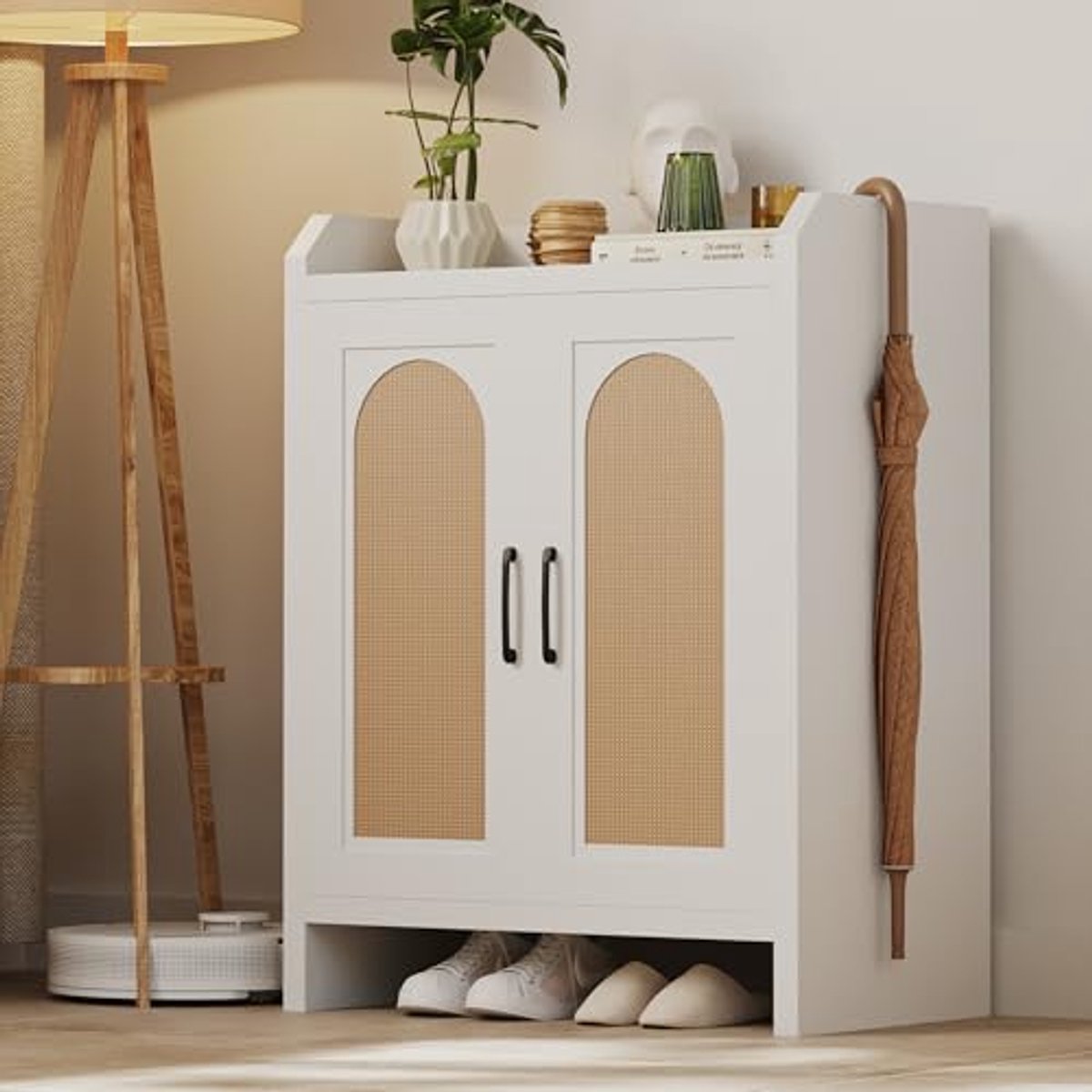 Schoenenkast met 5 lagen van rotan en 2 houten deuren - Vrijstaande opbergoplossing voor hal en woonkamer (6153935845827)