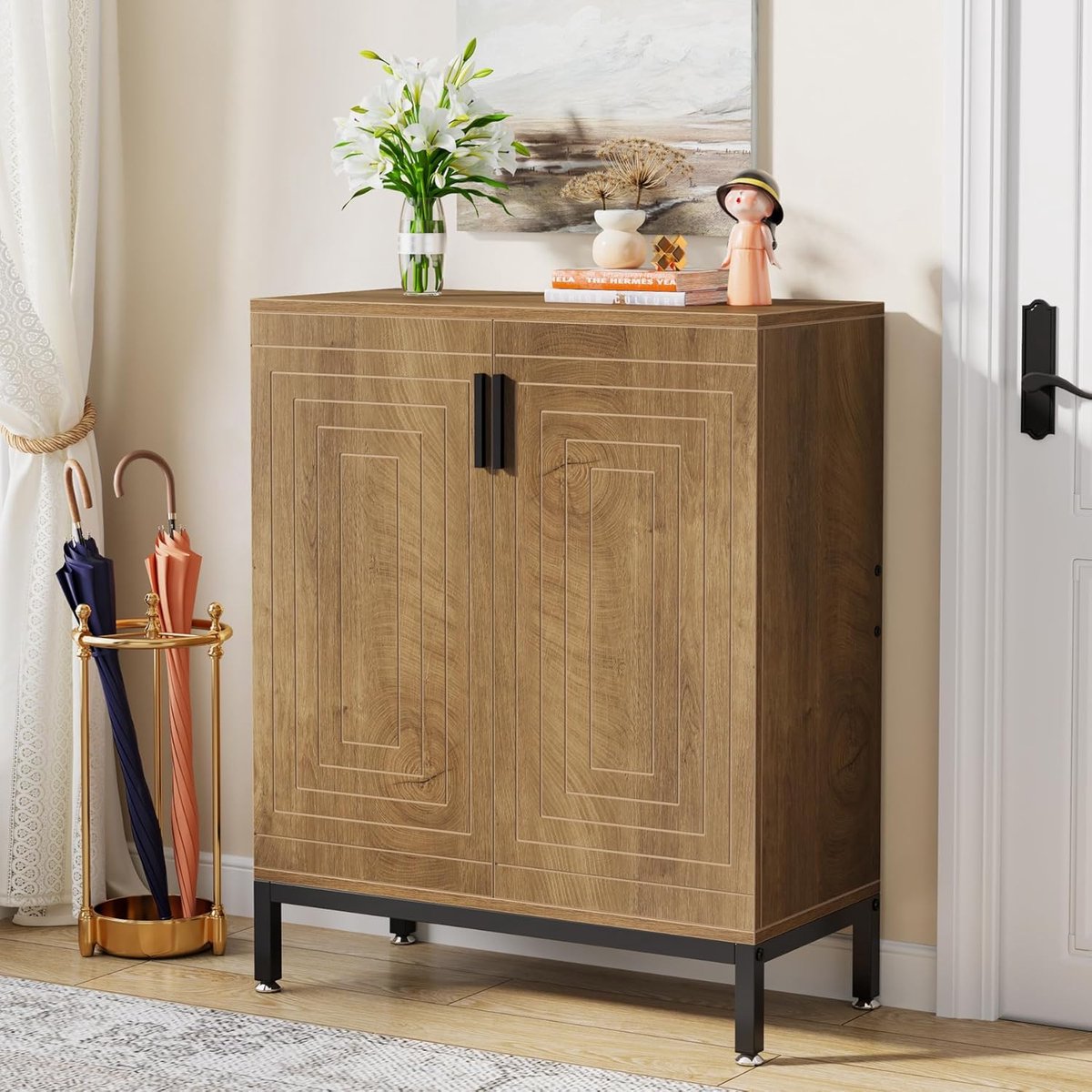 Schoenenkast met Deuren - 5-Laags Modern Vrijstaand Schoenenrek met Planken - 20 Paar Schoenenopslag - Lichtbruin voor Entree, Kledingkast, Woonkamer, Slaapkamer (0078756682535)