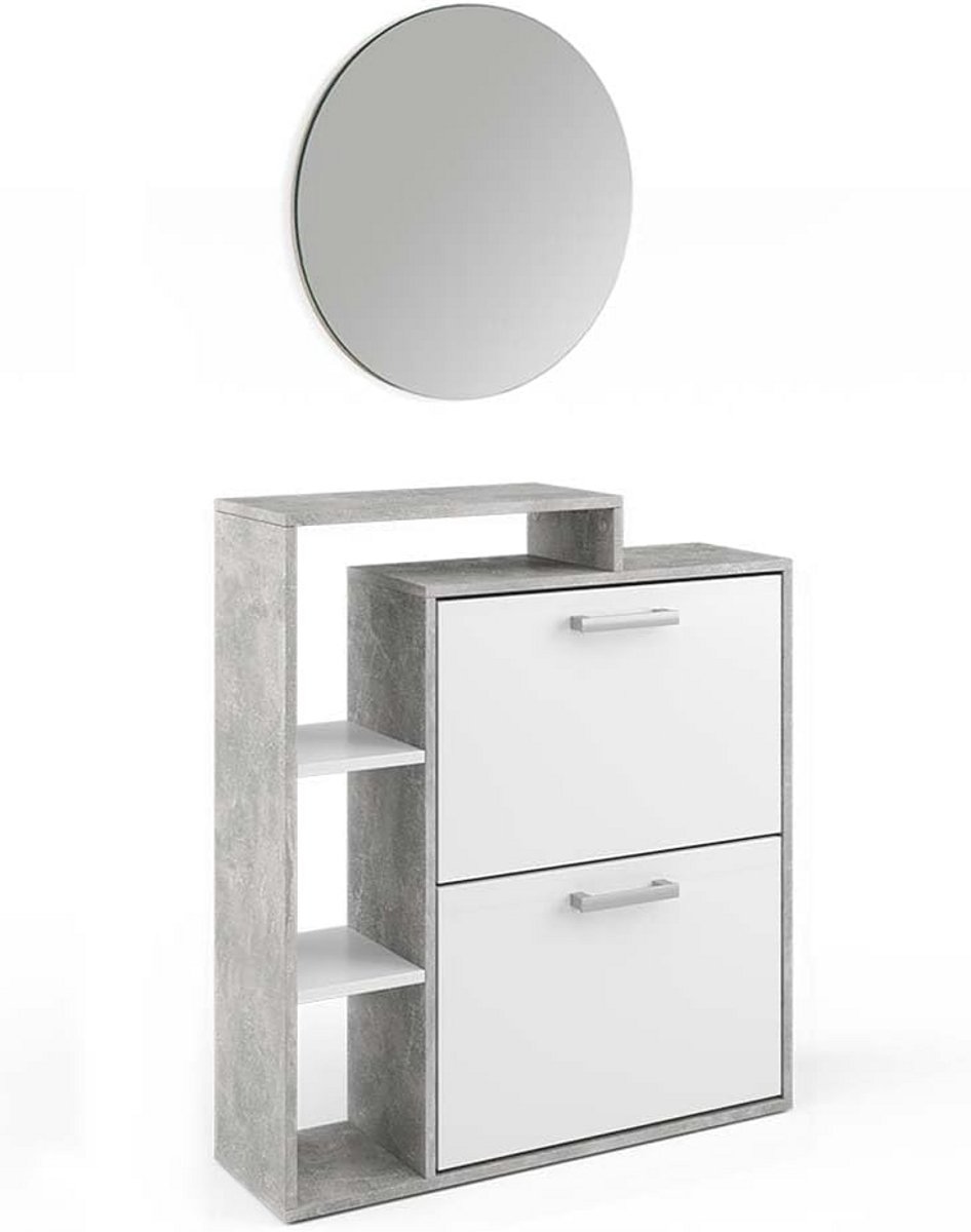 Schoenenkast met Spiegel en 2 Deuren in Betonnen en Witte Afwerking (9101038374550)