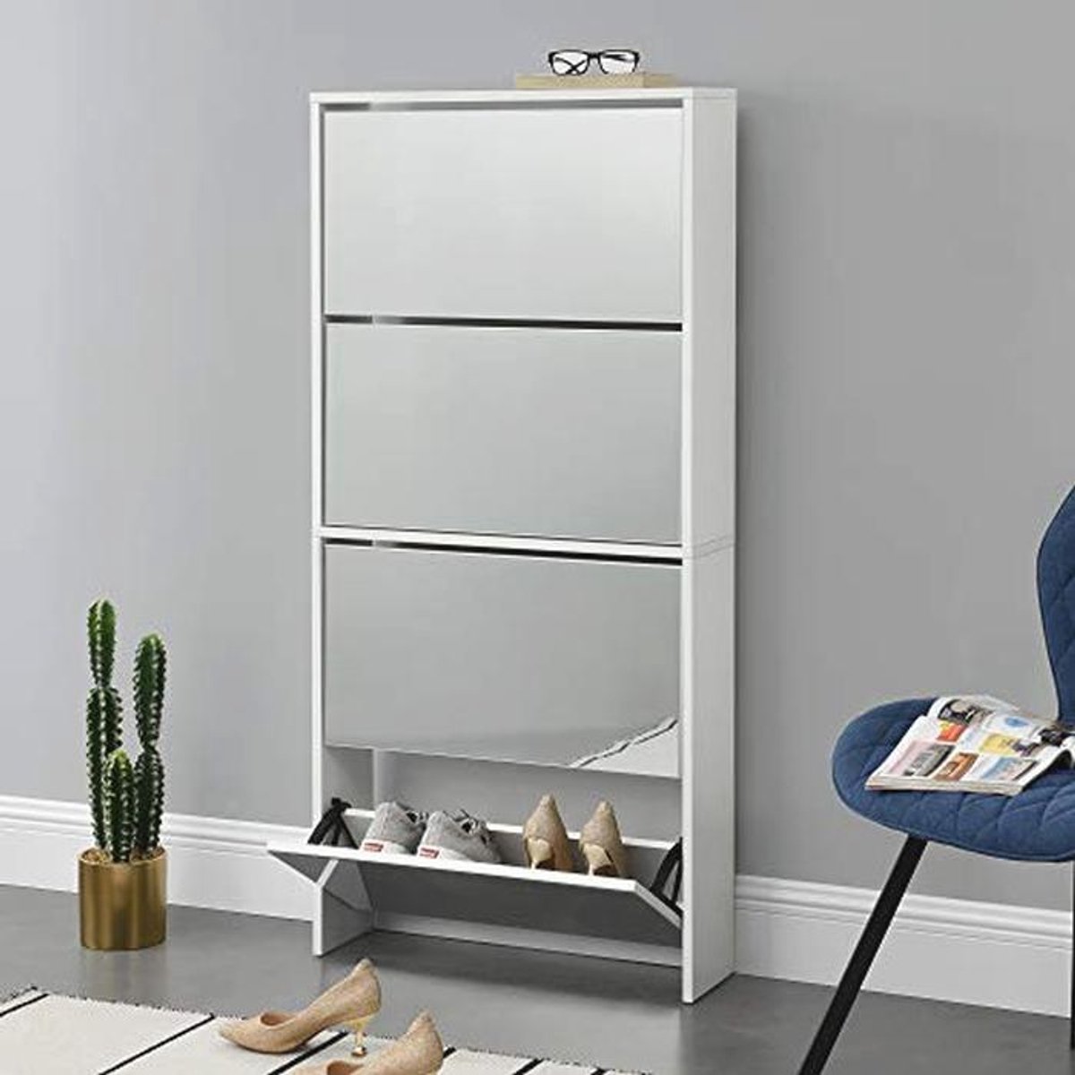 Schoenenkast met Spiegels en 4 Vouwdeuren - 134x63x17 cm Wit (9101005047746)