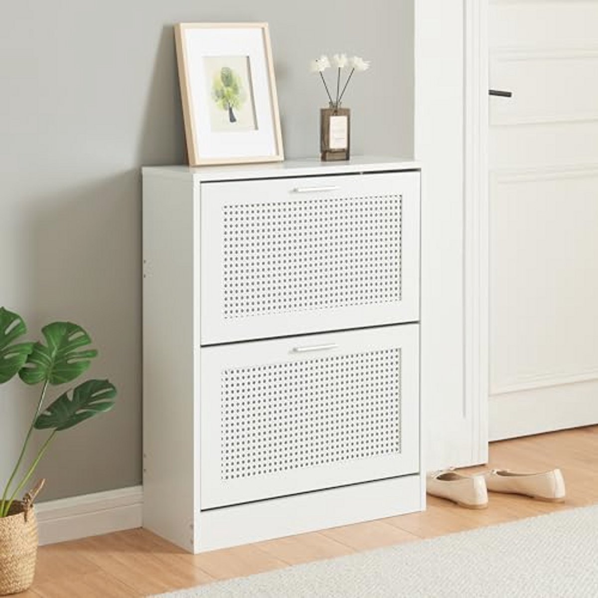 Schoenenkast met Vouwdeuren voor 8 Paar Schoenen - Rattan Look - Wit (9101005651493)