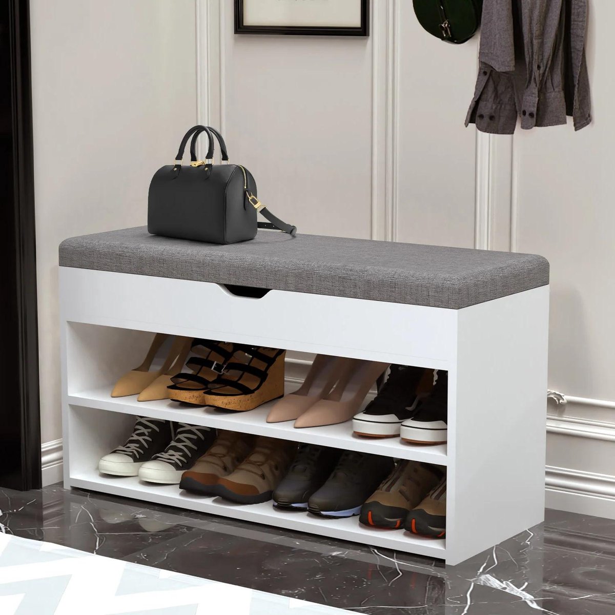 Schoenenkast met bank - Opvouwbaar - 3-laags opbergruimte - Zitting - Schoenenrekorganizer - Entree - Hal - Schoenenopslagorganisatie - Grijs - Geschikt voor alle soorten schoenen - Moderne uitstraling (8739000004900)