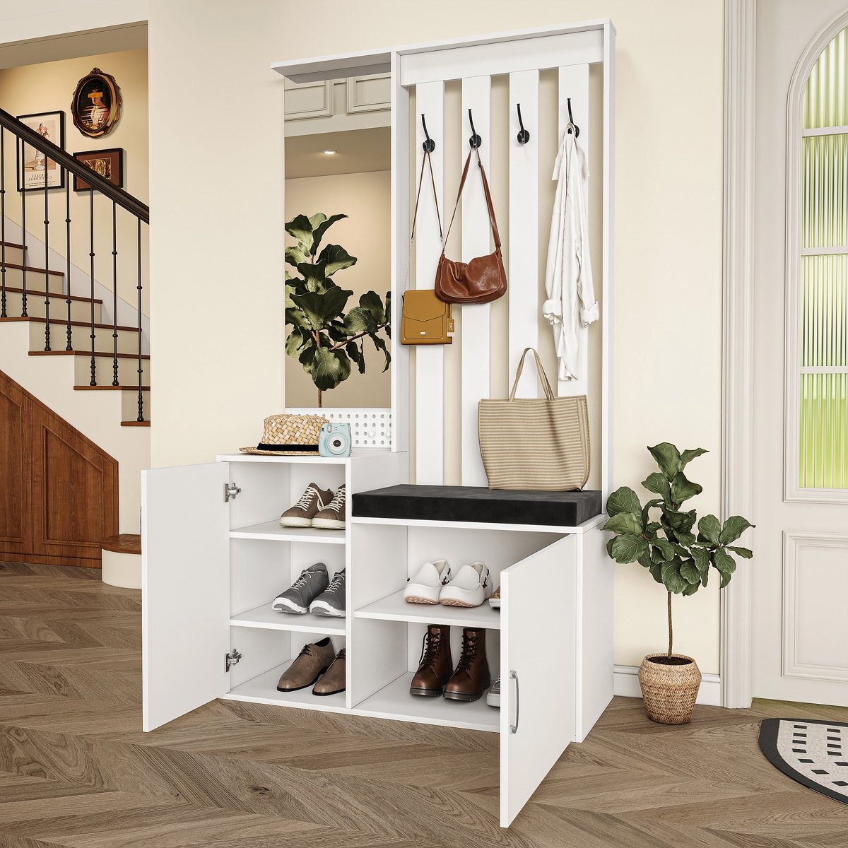 Schoenenkast met gewatteerde zitting, kapstokset met 2 deuren, schoenenkasten en wandpanelen, kapstok met 4 haken, halkapstokset met spiegel en deuren, wit, 100 x 40 x 180 cm (3091182797915)