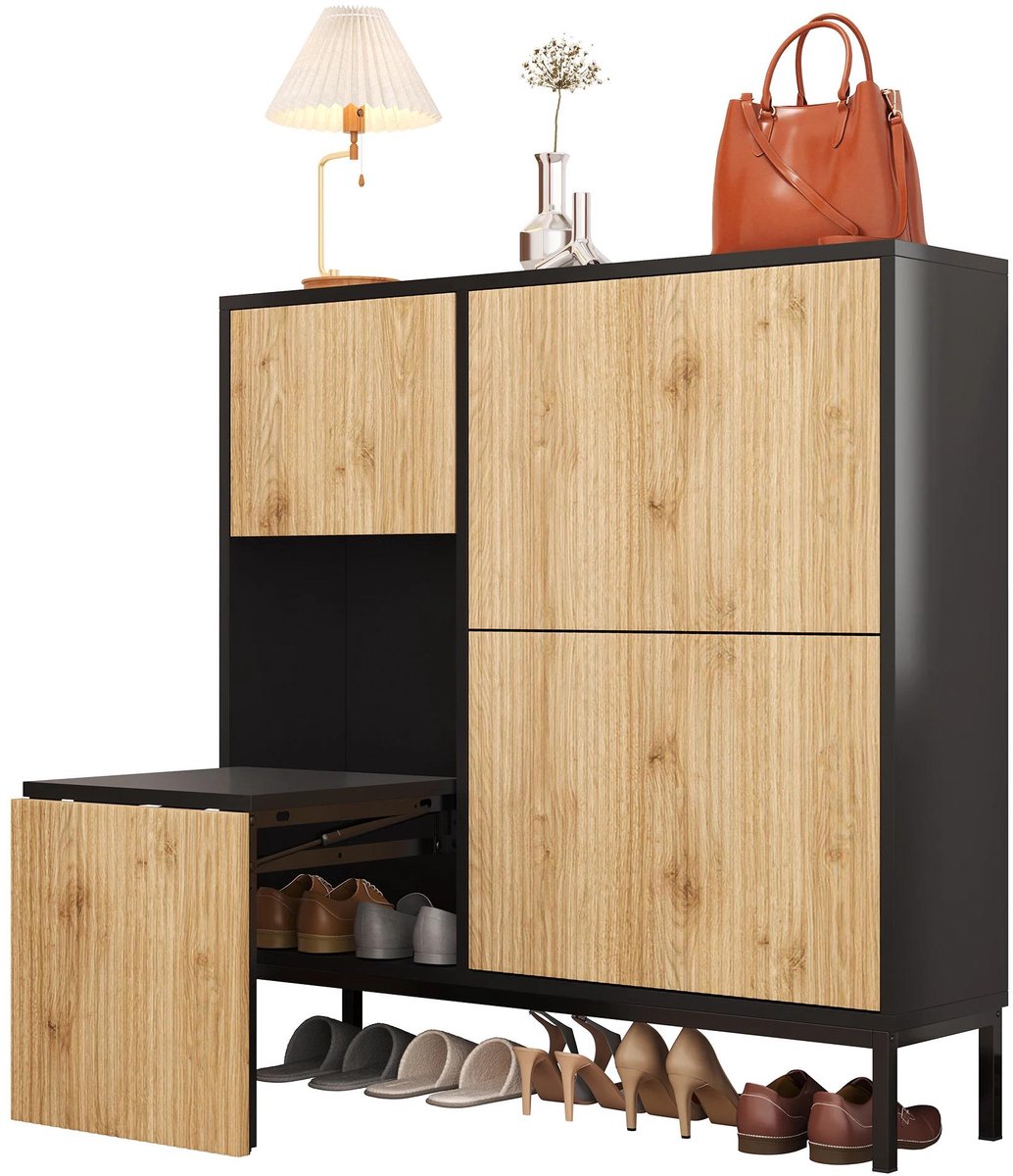 Schoenenkast met schoenenwisselkruk, schoenenrek met drie deuren en open plank, geschikt voor hal en slaapkamer - 3 opbergvakken - Donkerbruin hout - Modern design - Schoenopslagmeubel met zitgedeelte (8739000004931)