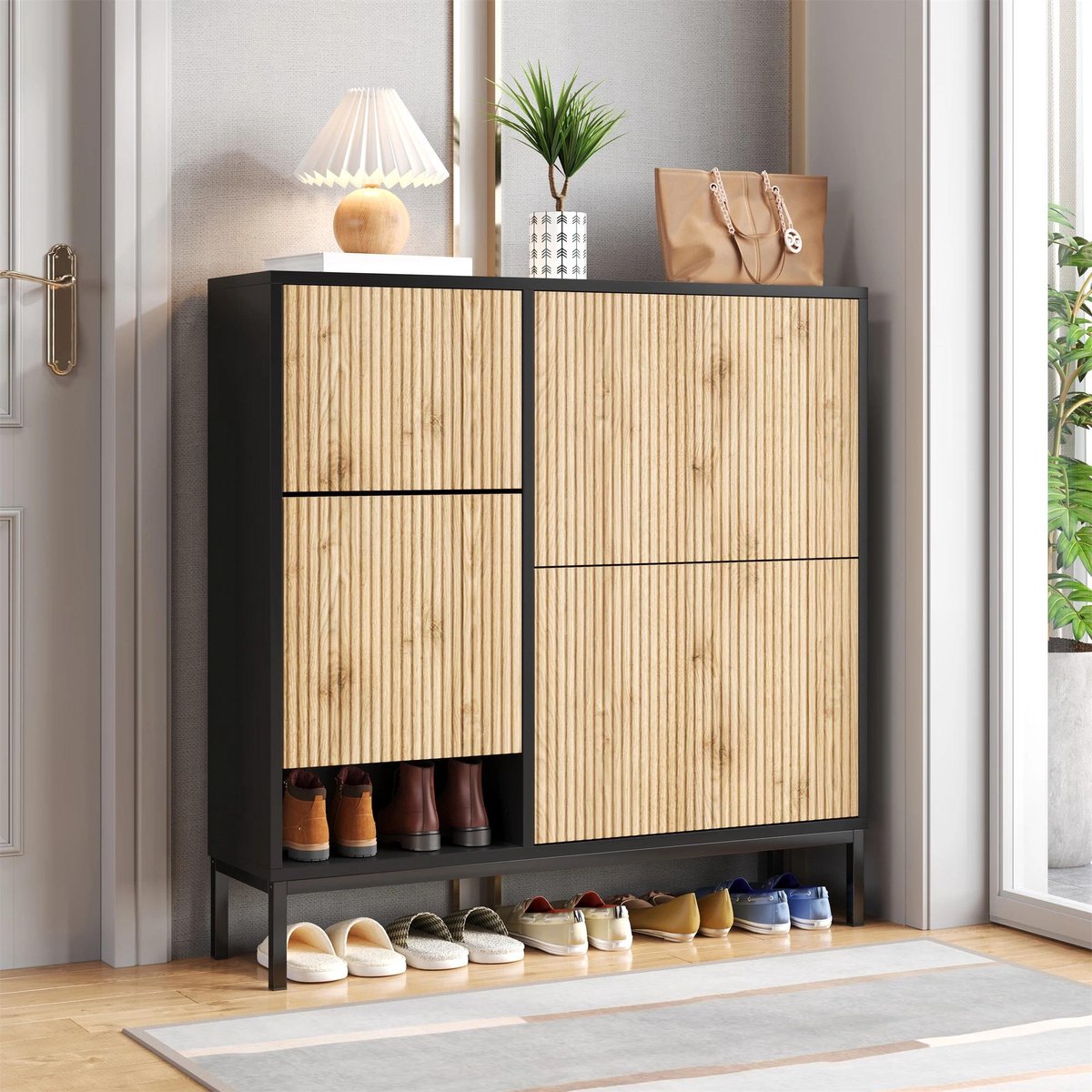 Schoenenkast met schoenenwisselkruk, schoenenrek met drie deuren en open plank, geschikt voor hal en slaapkamer - Schoenenopslag - Ruimtebesparend - Beukenhout - Moderne stijl - Grijs (8739000002364)