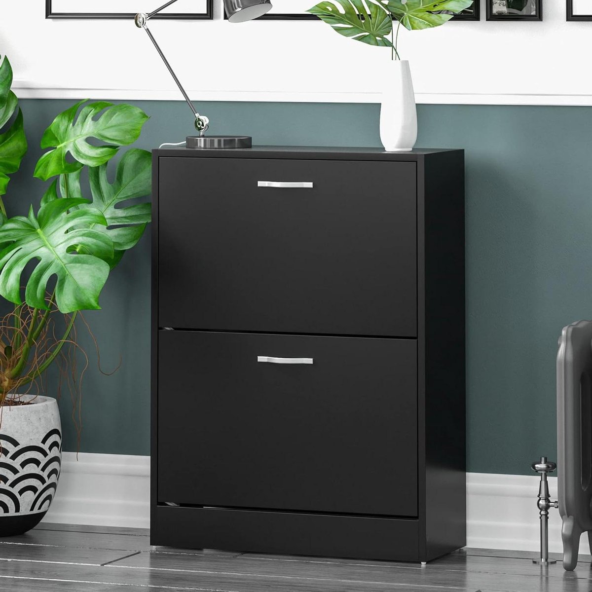 Schoenenkast met spiegel - 2 lade schoenenkast - Schoen opslag organizer - Houten meubels - Zwart Schoenenkast met spiegel (9508259496441)