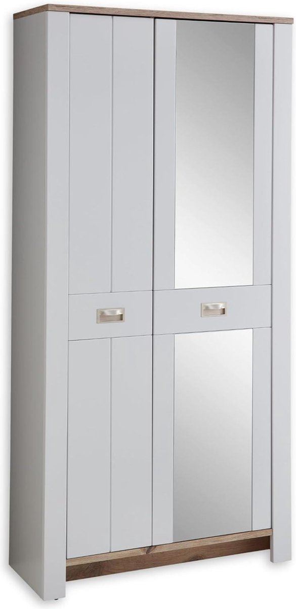 Schoenenkast met spiegel Dijon Garderobekast met spiegel asgrijs Viking Oak look houtmateriaal 98 x 201 x 38 cm Schoenenkast met spiegel (9503725255423)