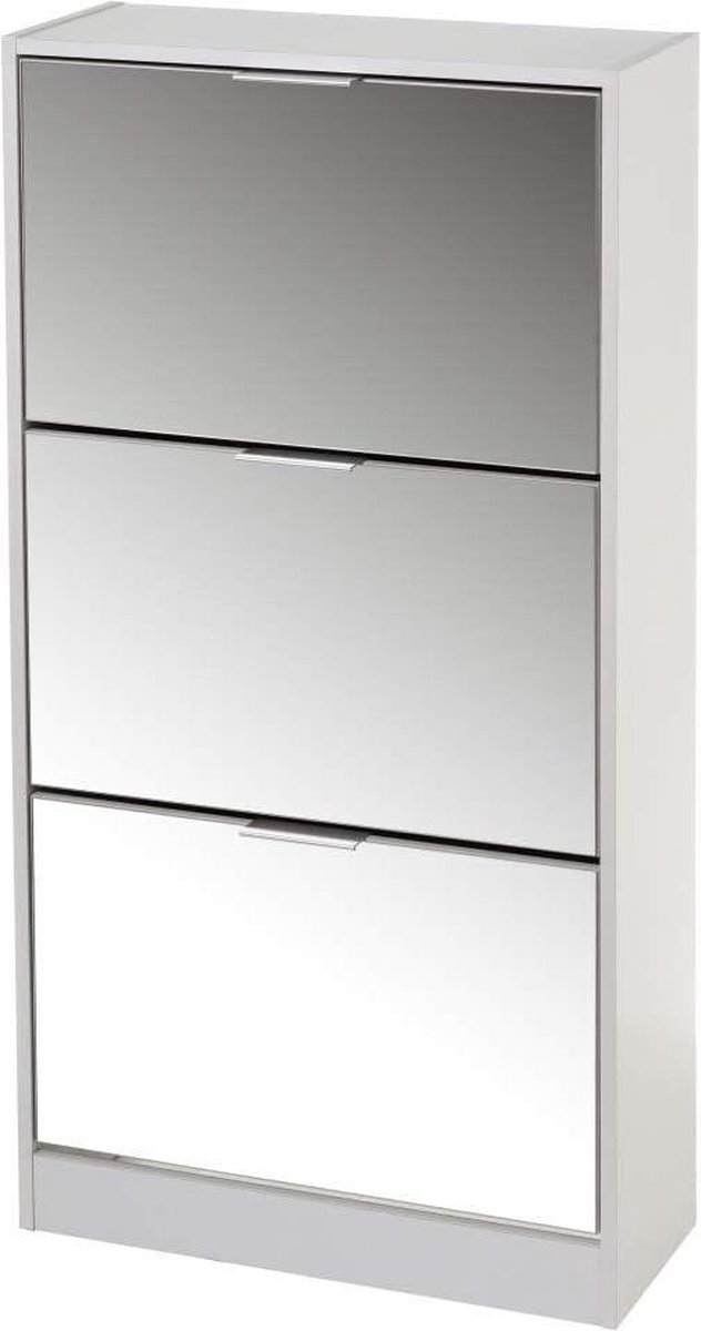 Schoenenkast met spiegel - Witte MDF-houten schoenenkast met 3 deuren - 115 x 24 x 60 cm Schoenenkast met spiegel (9508628573759)
